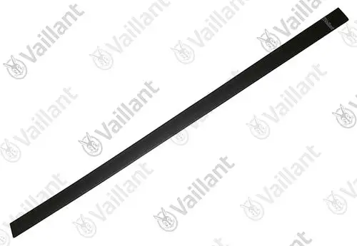 Lange, schwarze Abdeckung von Vaillant, schlichtes Design, auf einem weißen Hintergrund. Die Abdeckung hat eine gerade Form ohne erkennbare Markierungen oder Details.